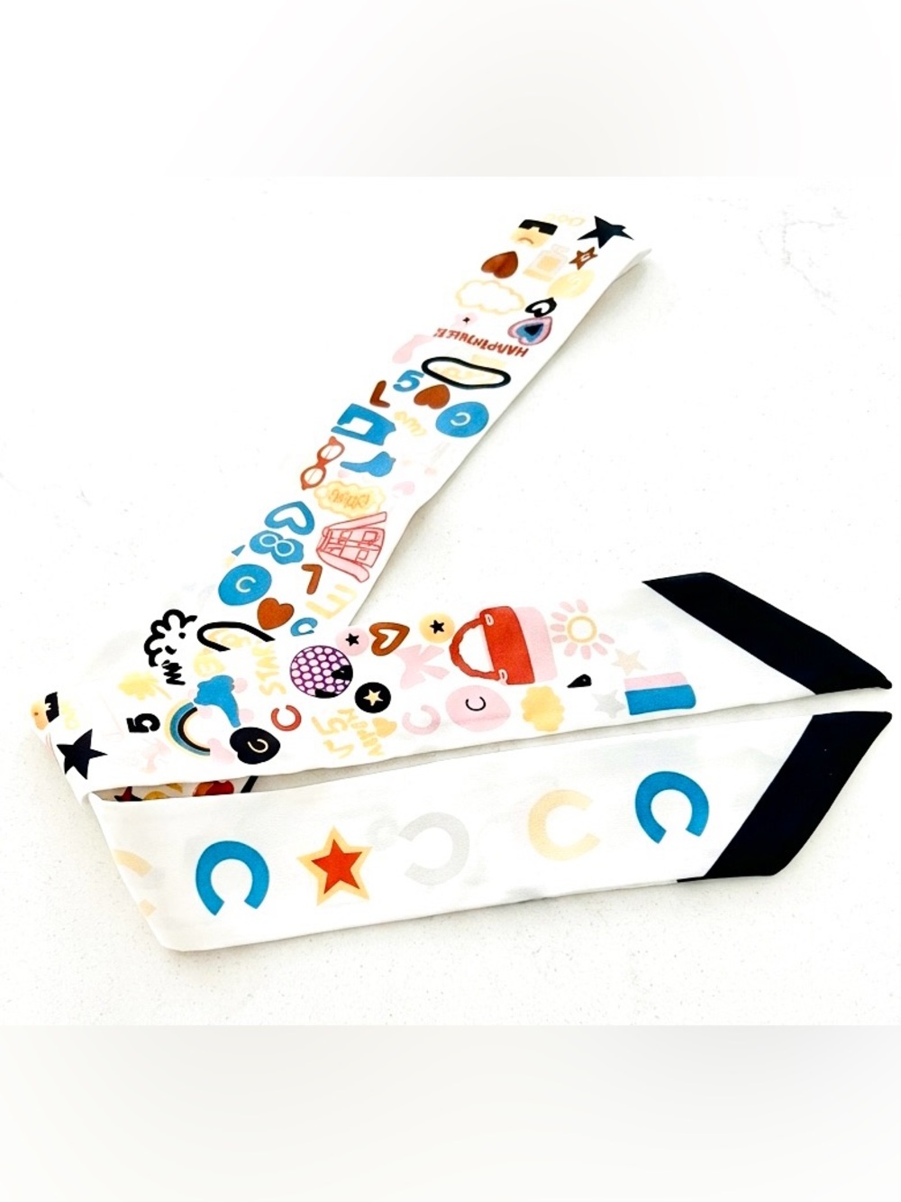 Retro Chic Skinny Scarf / Twilly – Whimsical Graphic Print - Picture 4 of 8